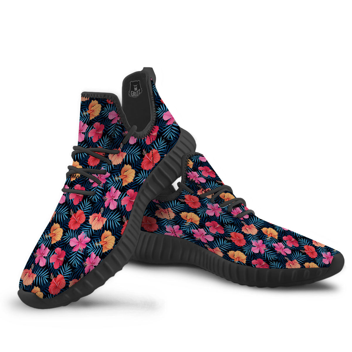 Flowers Exotic Hibiscus Print Pattern Black Walking Shoes-grizzshop