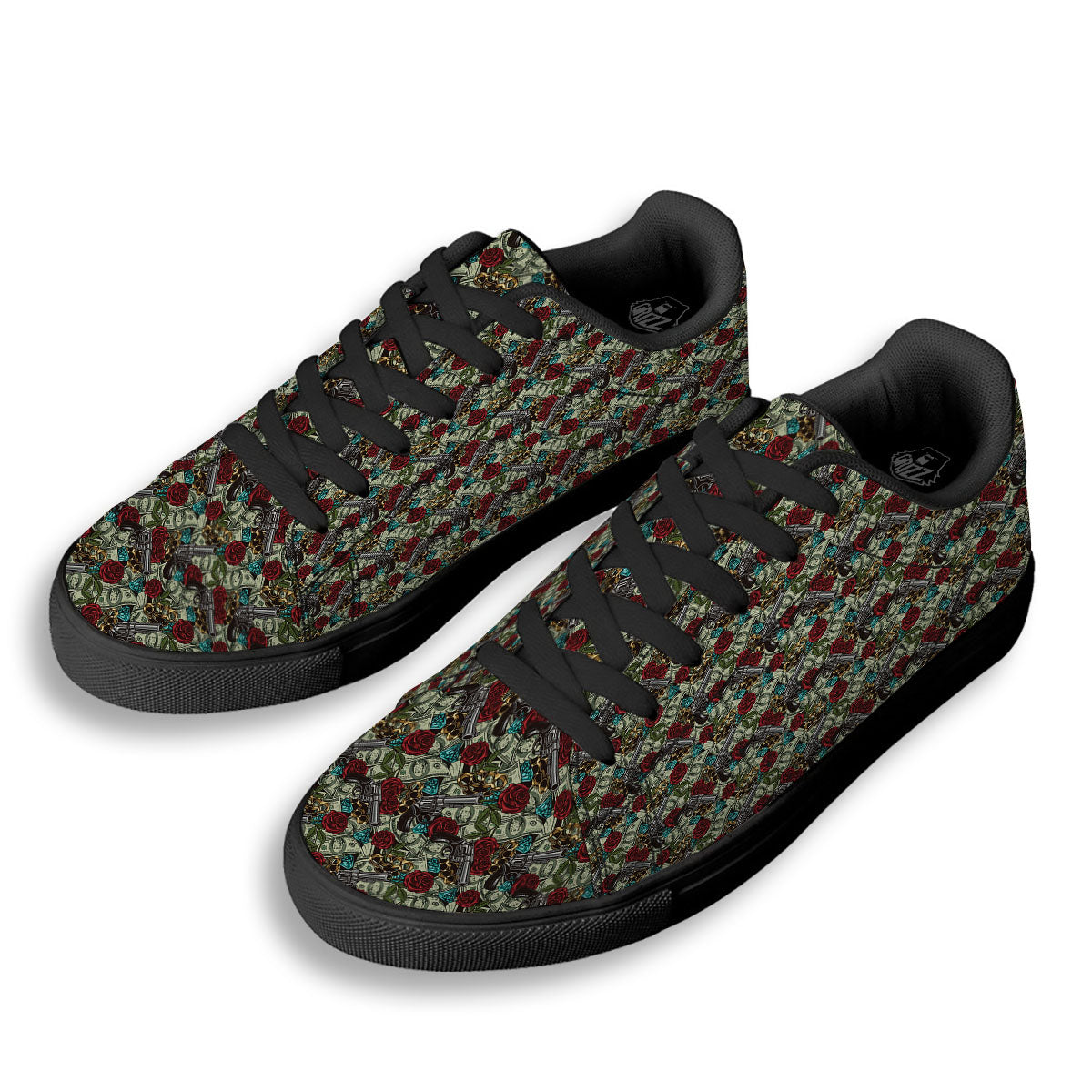 Flowers Guns And Print Pattern Black Low Top Sneakers-grizzshop