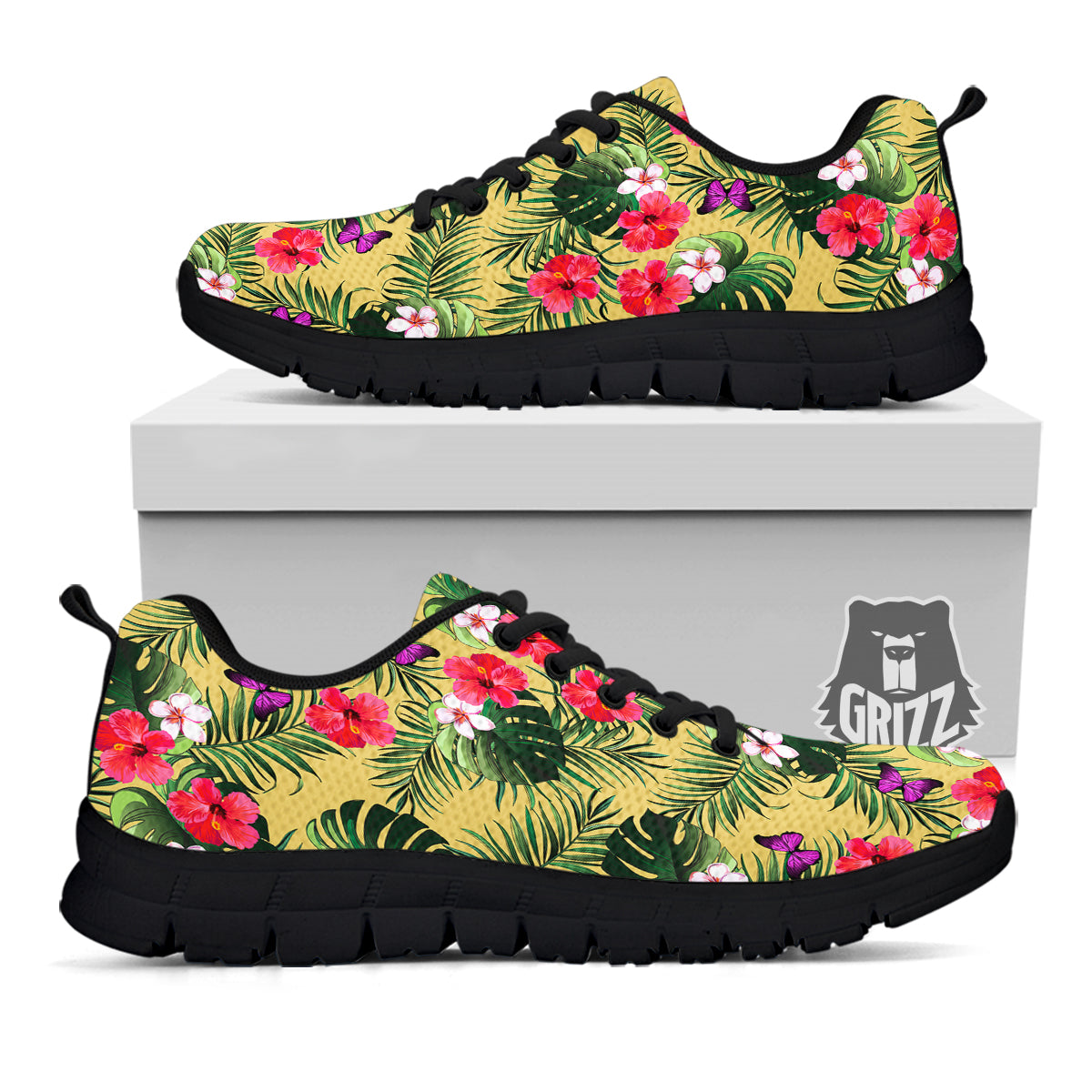 Flowers Hawaii Tropical Print Pattern Black Sneaker-grizzshop