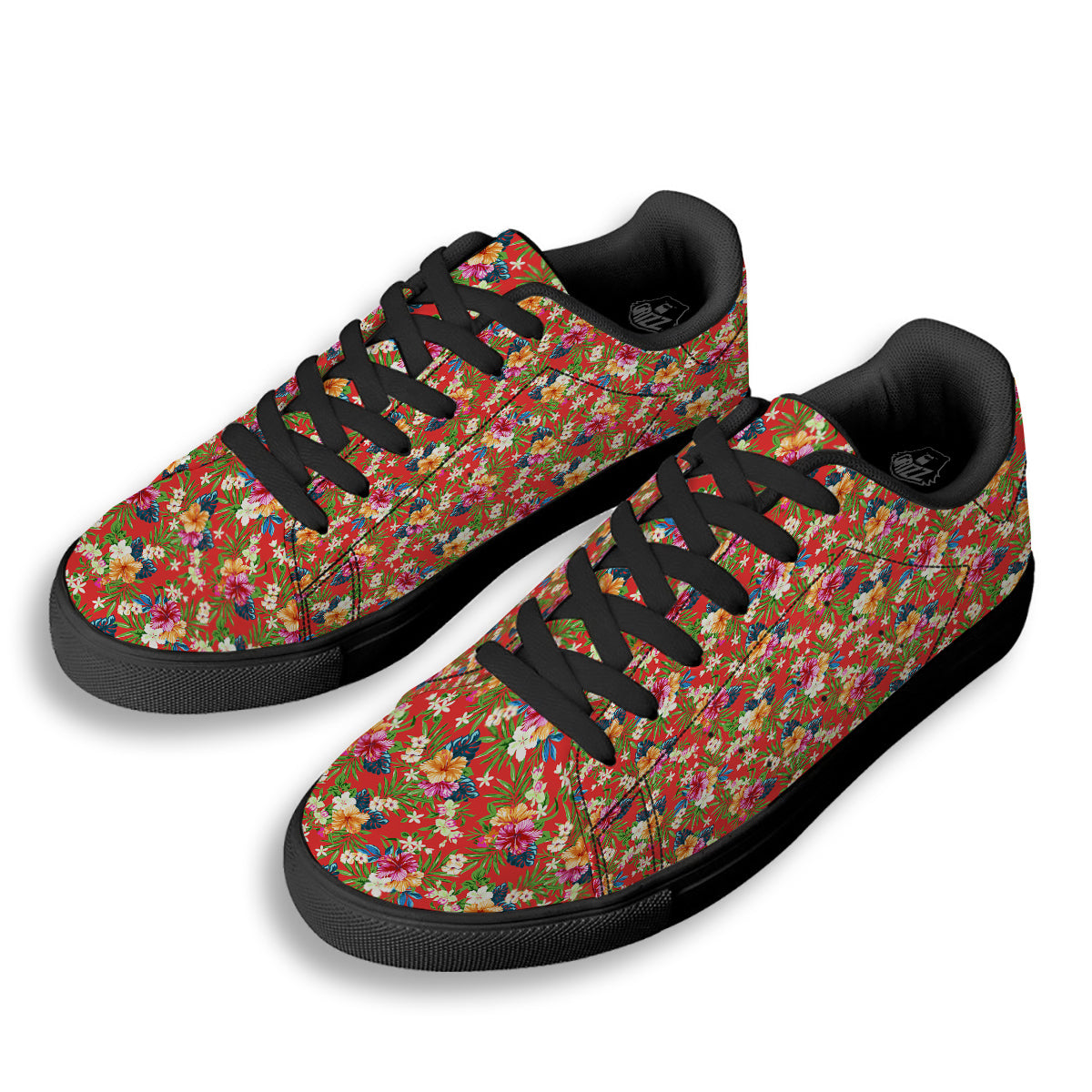 Flowers Hibiscus Colorful Print Pattern Black Low Top Sneakers-grizzshop