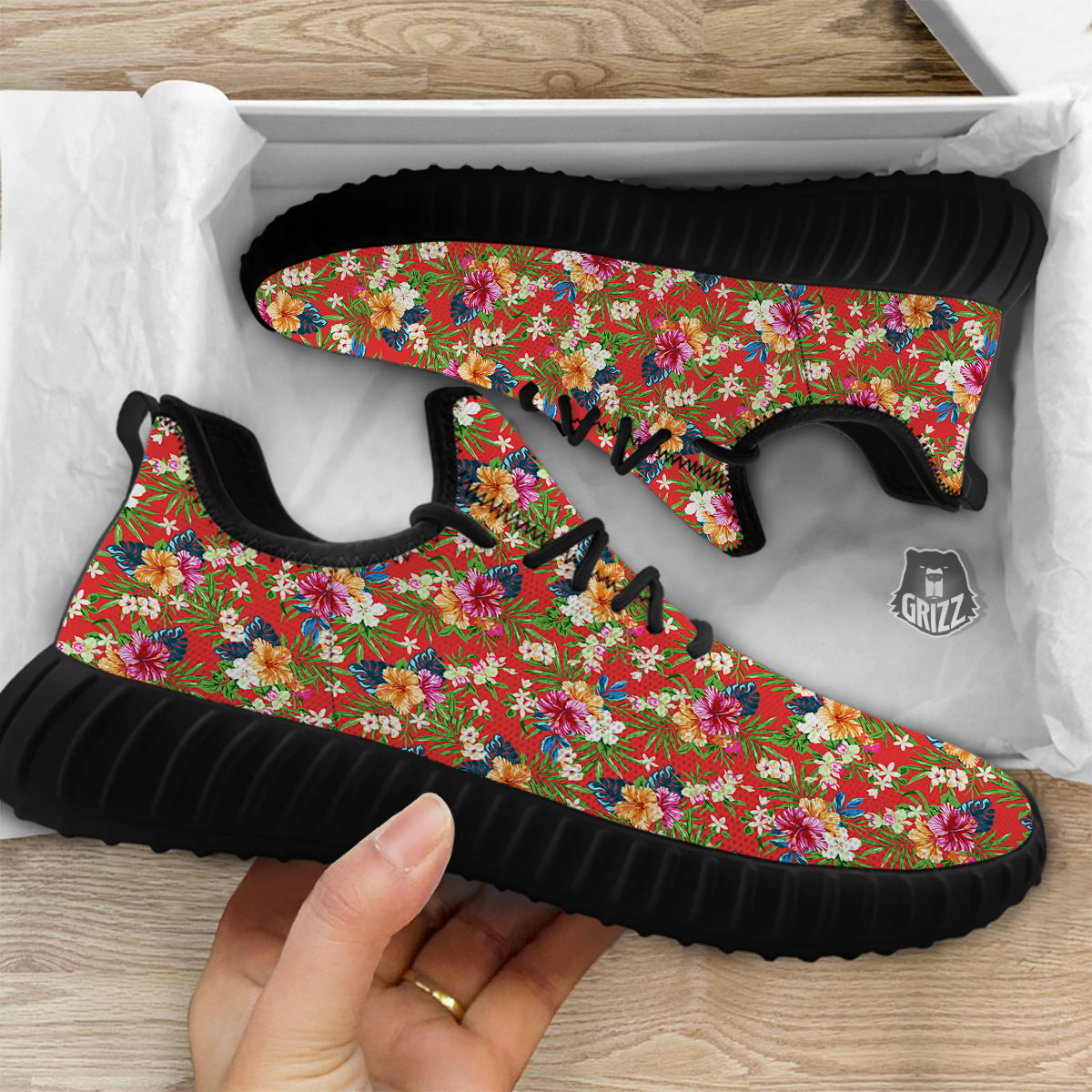 Flowers Hibiscus Colorful Print Pattern Black Walking Shoes-grizzshop