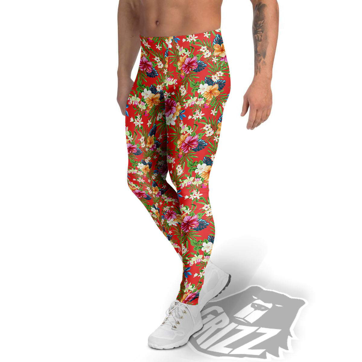 Flowers Hibiscus Colorful Print Pattern Men's Leggings-grizzshop