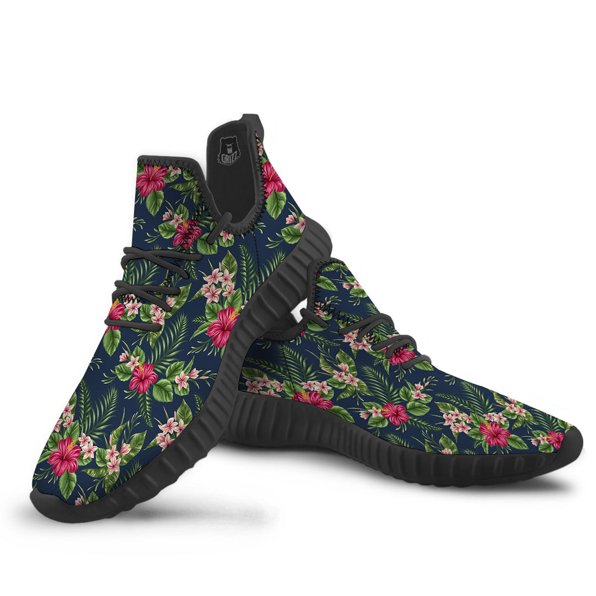 Flowers Hibiscus Plumeria Print Pattern Black Walking Shoes-grizzshop