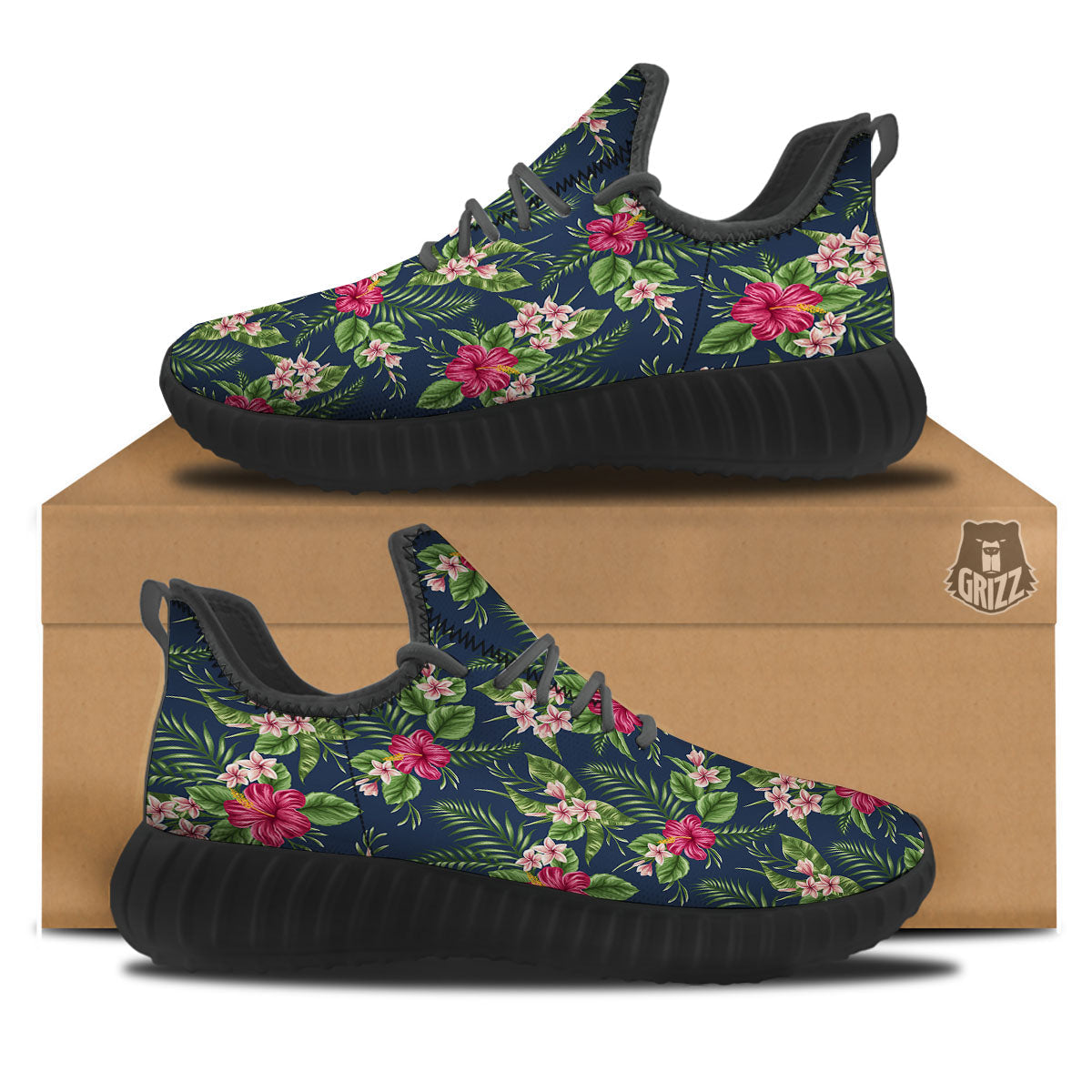 Flowers Hibiscus Plumeria Print Pattern Black Walking Shoes-grizzshop