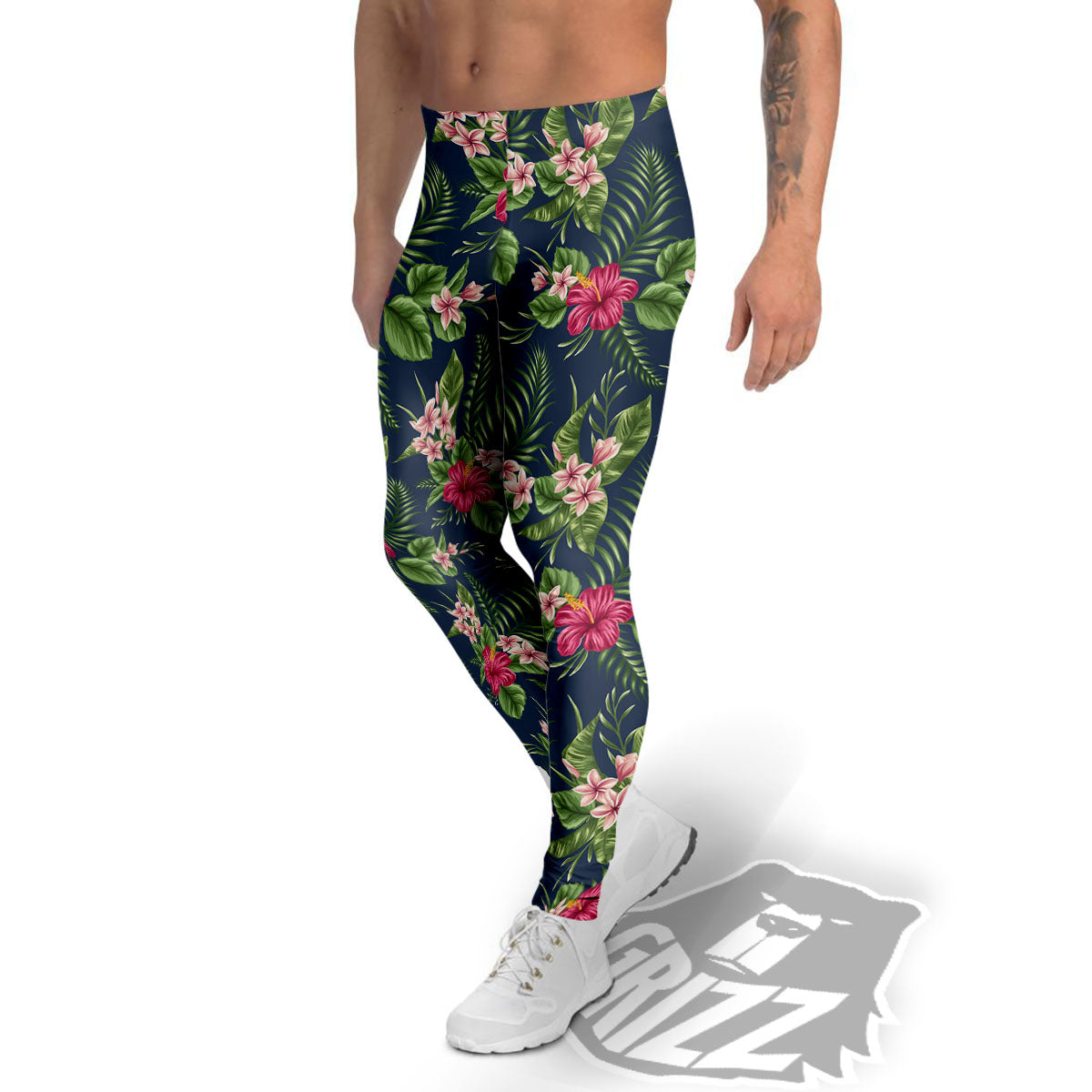 Flowers Hibiscus Plumeria Print Pattern Men's Leggings-grizzshop