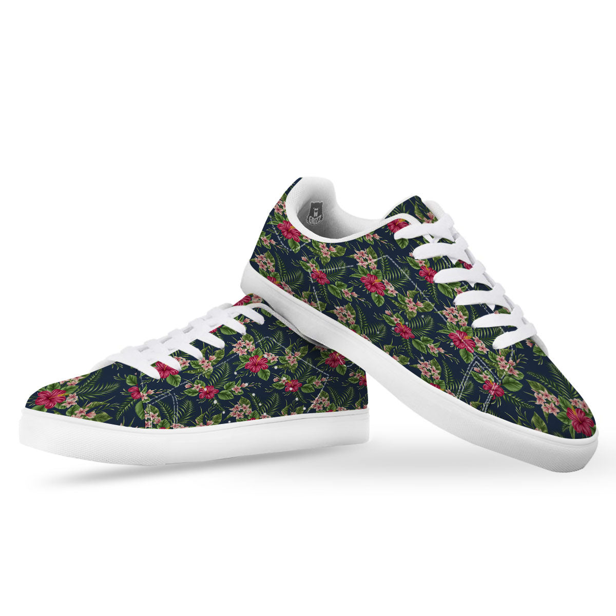 Flowers Hibiscus Plumeria Print Pattern White Low Top Sneakers-grizzshop
