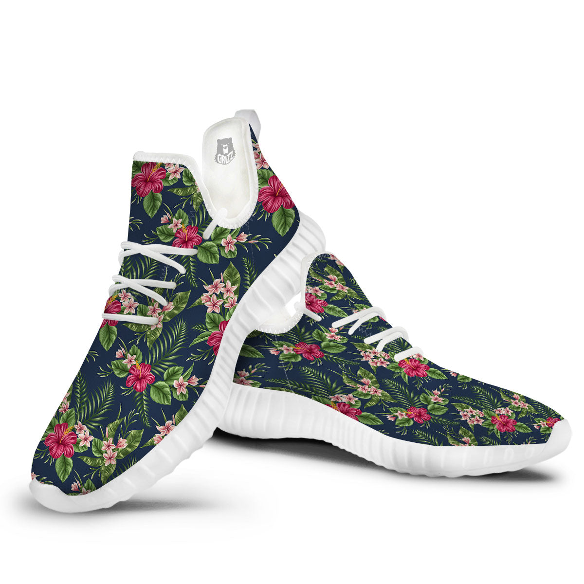 Flowers Hibiscus Plumeria Print Pattern White Walking Shoes-grizzshop