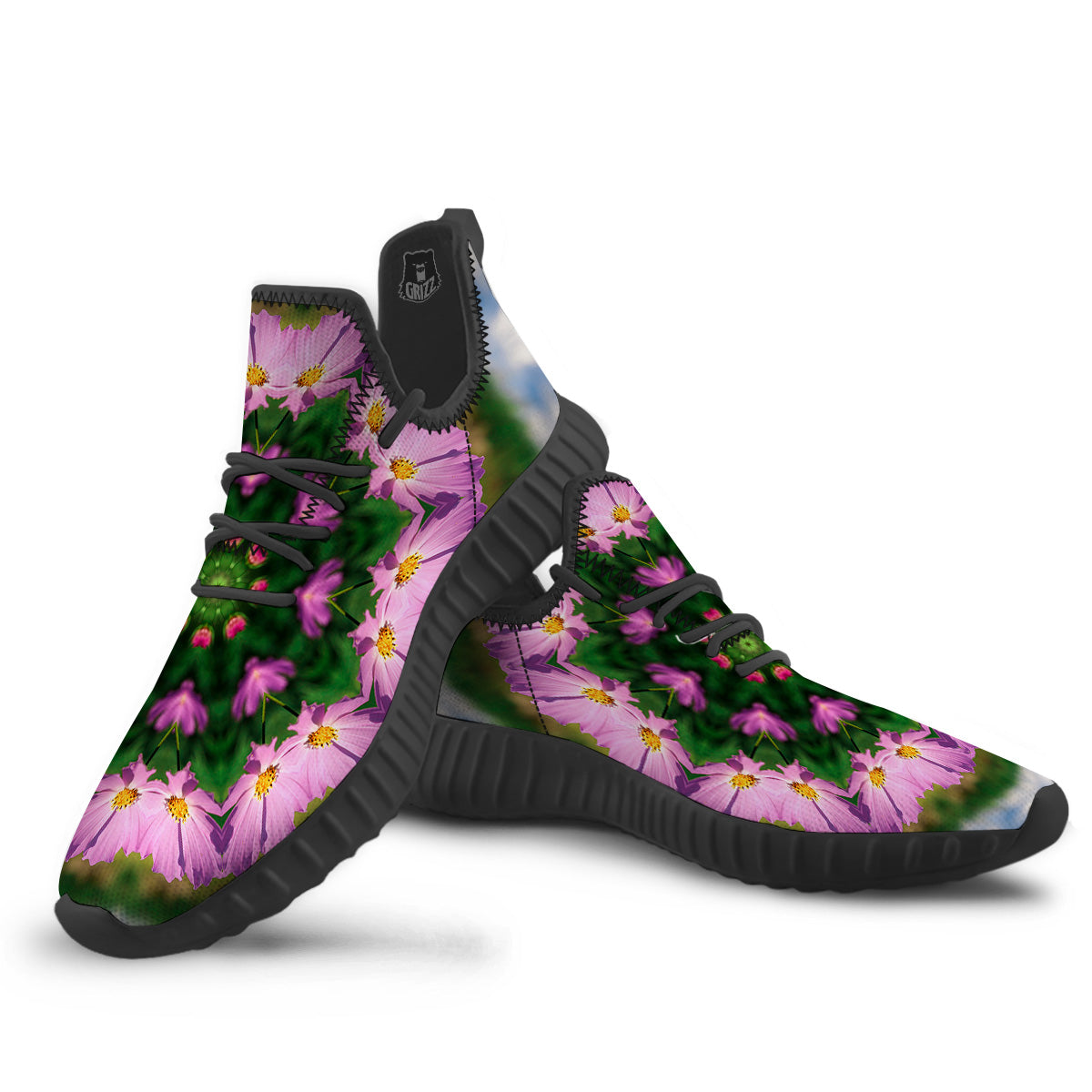 Flowers Kaleidoscope Pink And Blue Print Black Walking Shoes-grizzshop