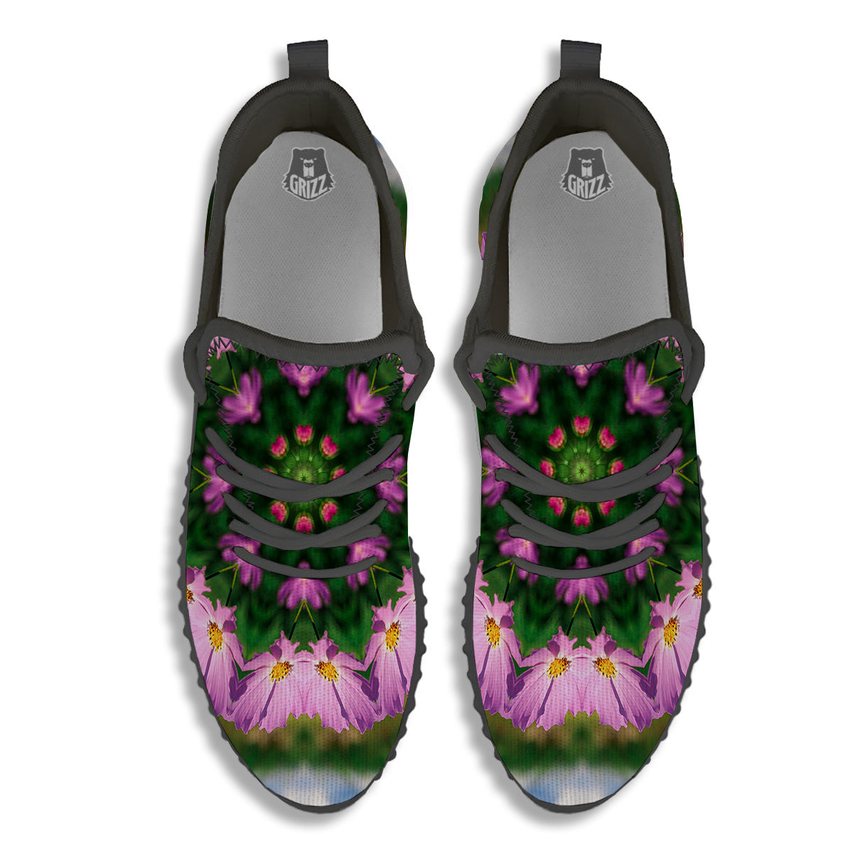 Flowers Kaleidoscope Pink And Blue Print Black Walking Shoes-grizzshop