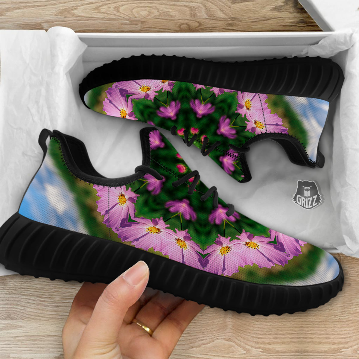 Flowers Kaleidoscope Pink And Blue Print Black Walking Shoes-grizzshop