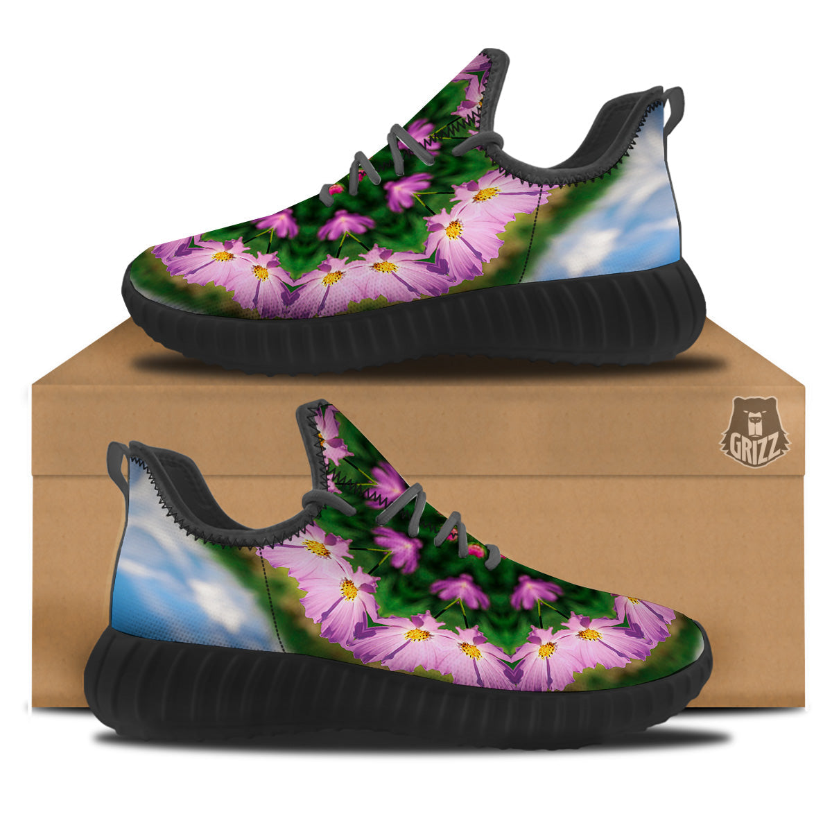 Flowers Kaleidoscope Pink And Blue Print Black Walking Shoes-grizzshop