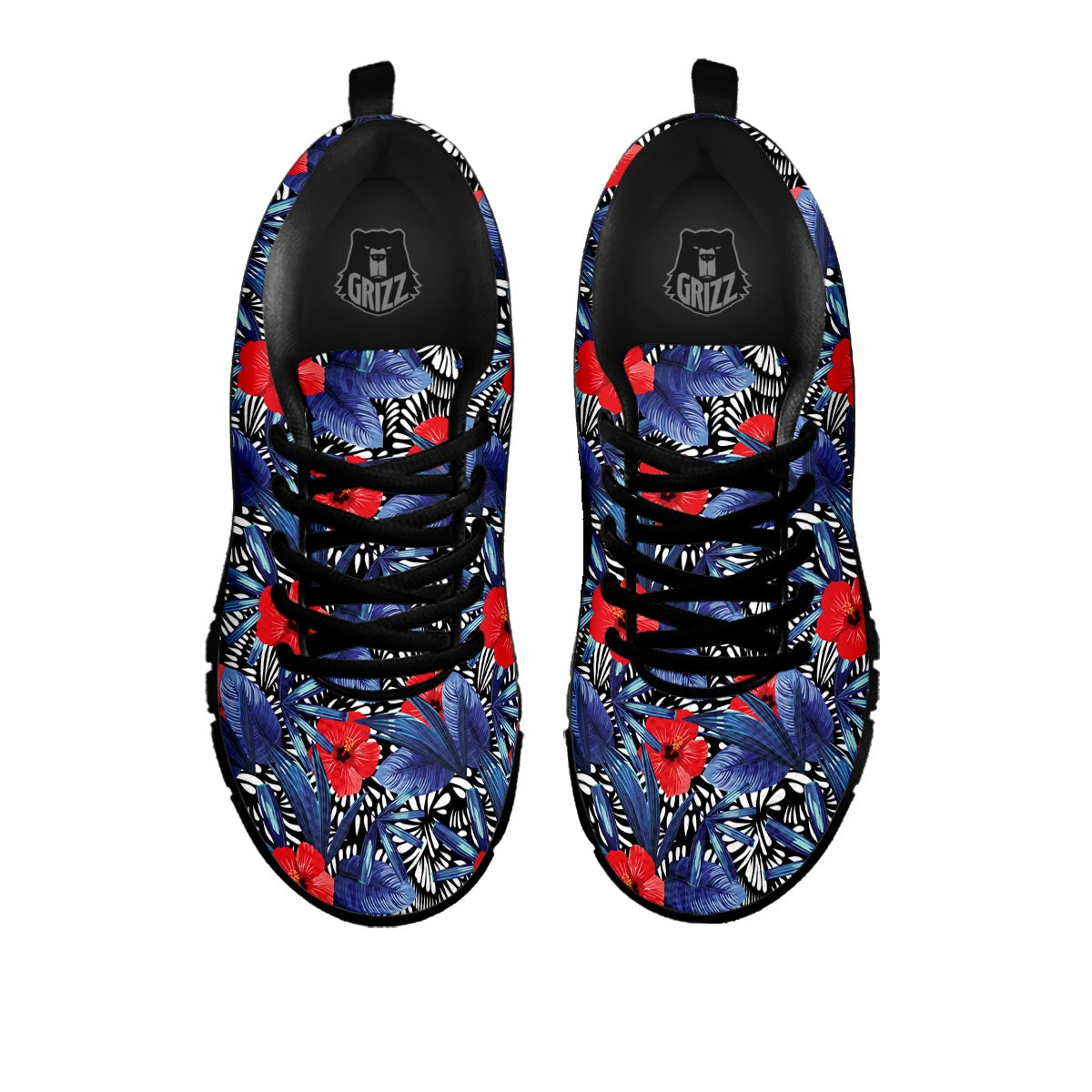 Flowers Red Hibiscus Print Pattern Black Sneaker-grizzshop