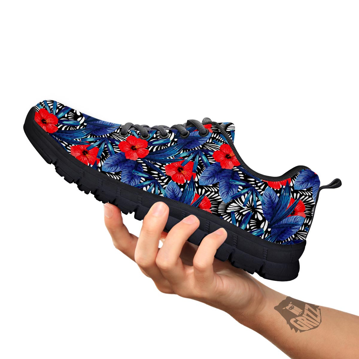 Flowers Red Hibiscus Print Pattern Black Sneaker-grizzshop