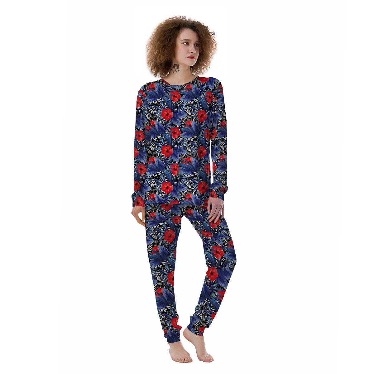 Flowers Red Hibiscus Print Pattern Women's Pajamas-grizzshop