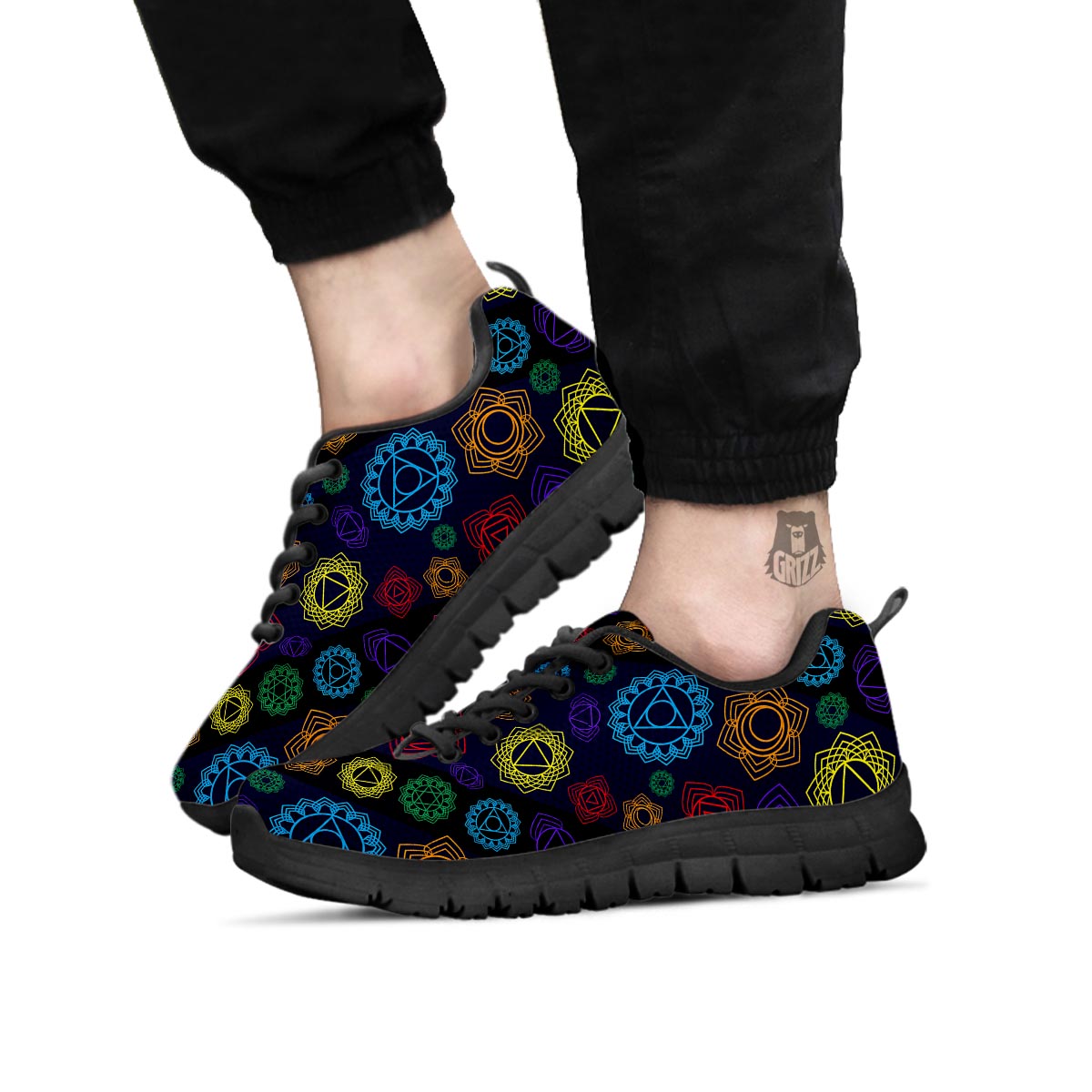 Flowers Seven Chakras Print Pattern Black Sneaker-grizzshop