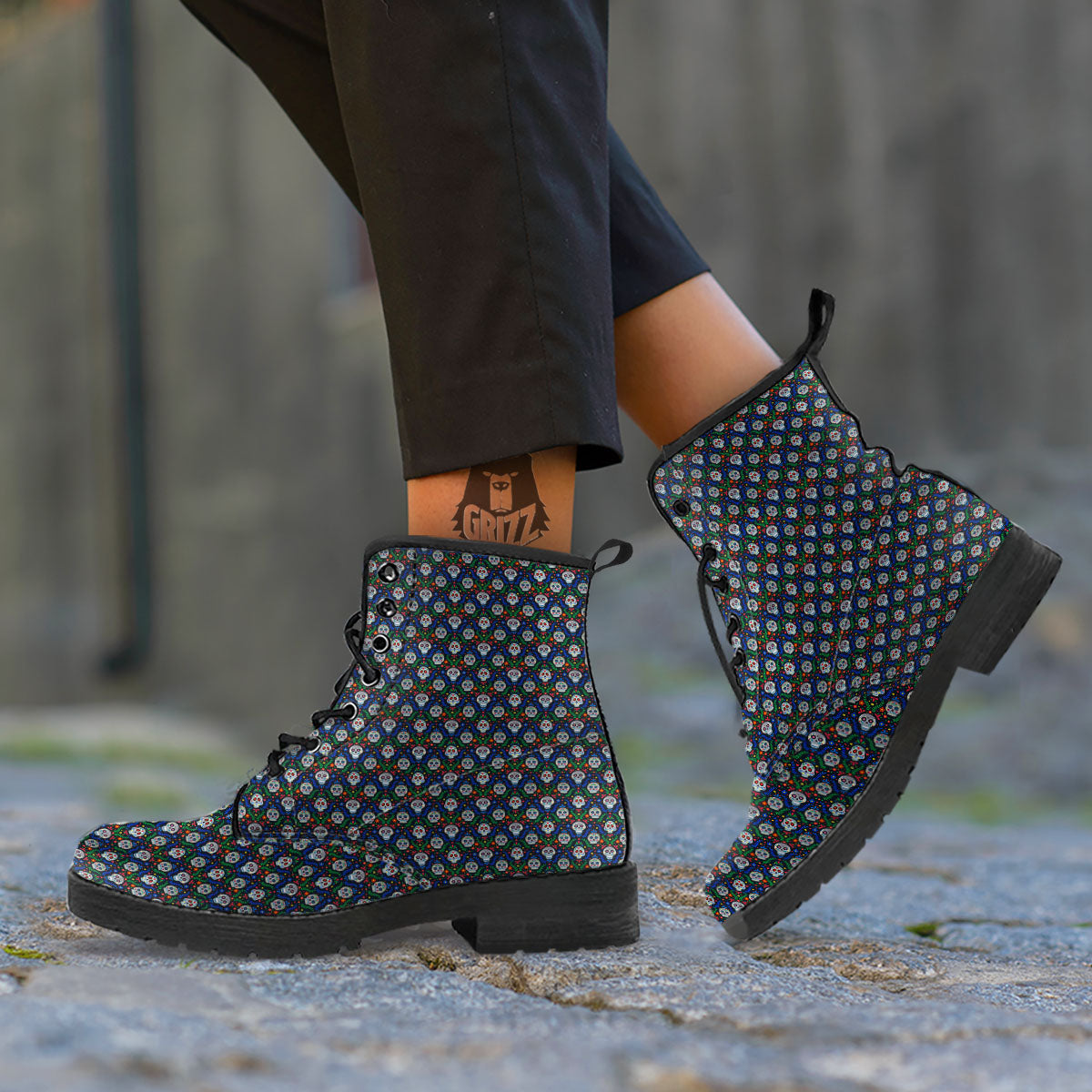 Flowers Skull Green Blue Print Pattern Leather Boots-grizzshop