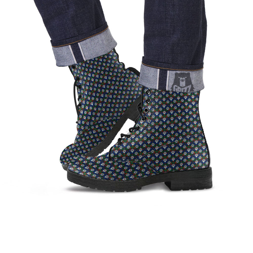 Flowers Skull Green Blue Print Pattern Leather Boots-grizzshop