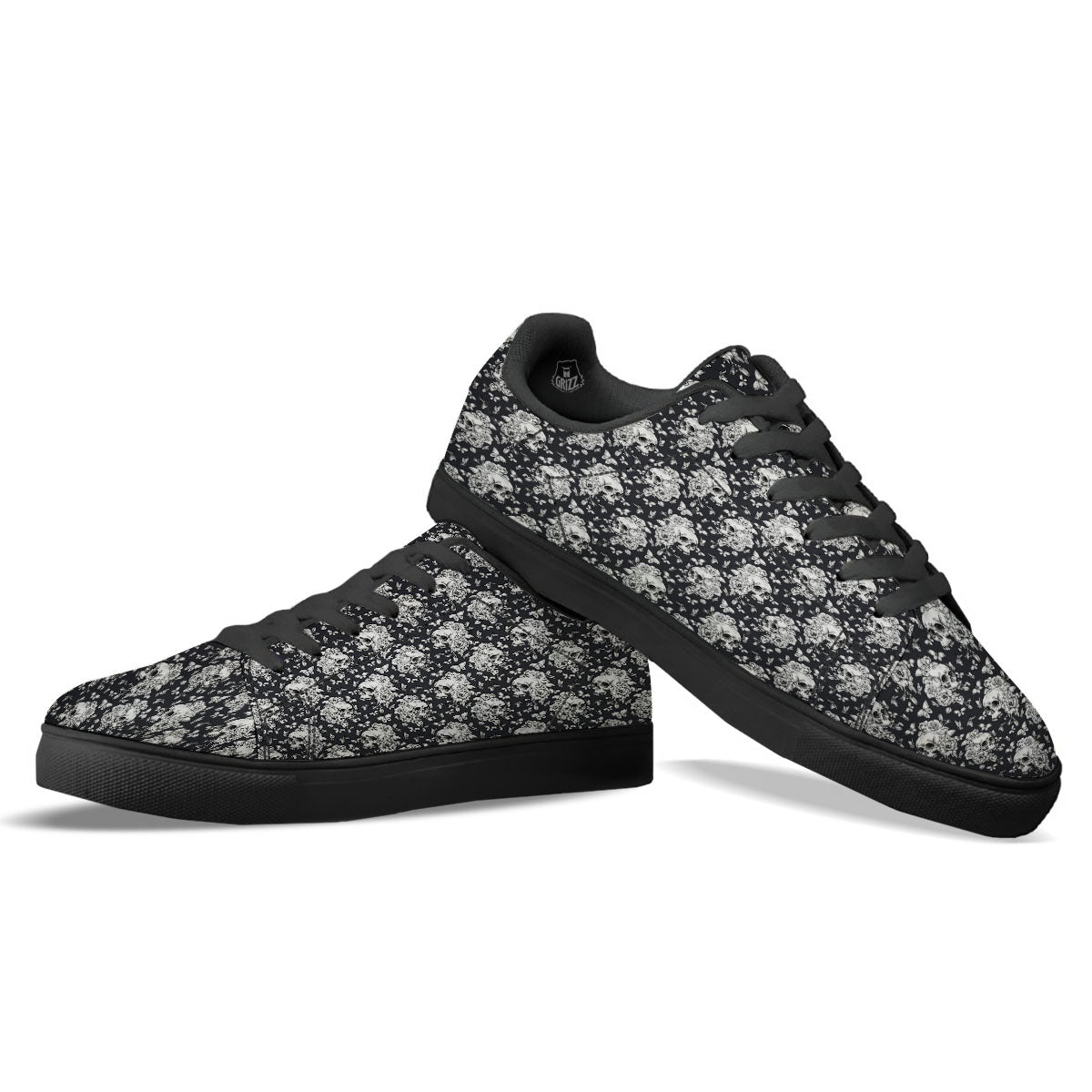 Flowers Skull Monochrome Print Pattern Black Low Top Sneakers-grizzshop