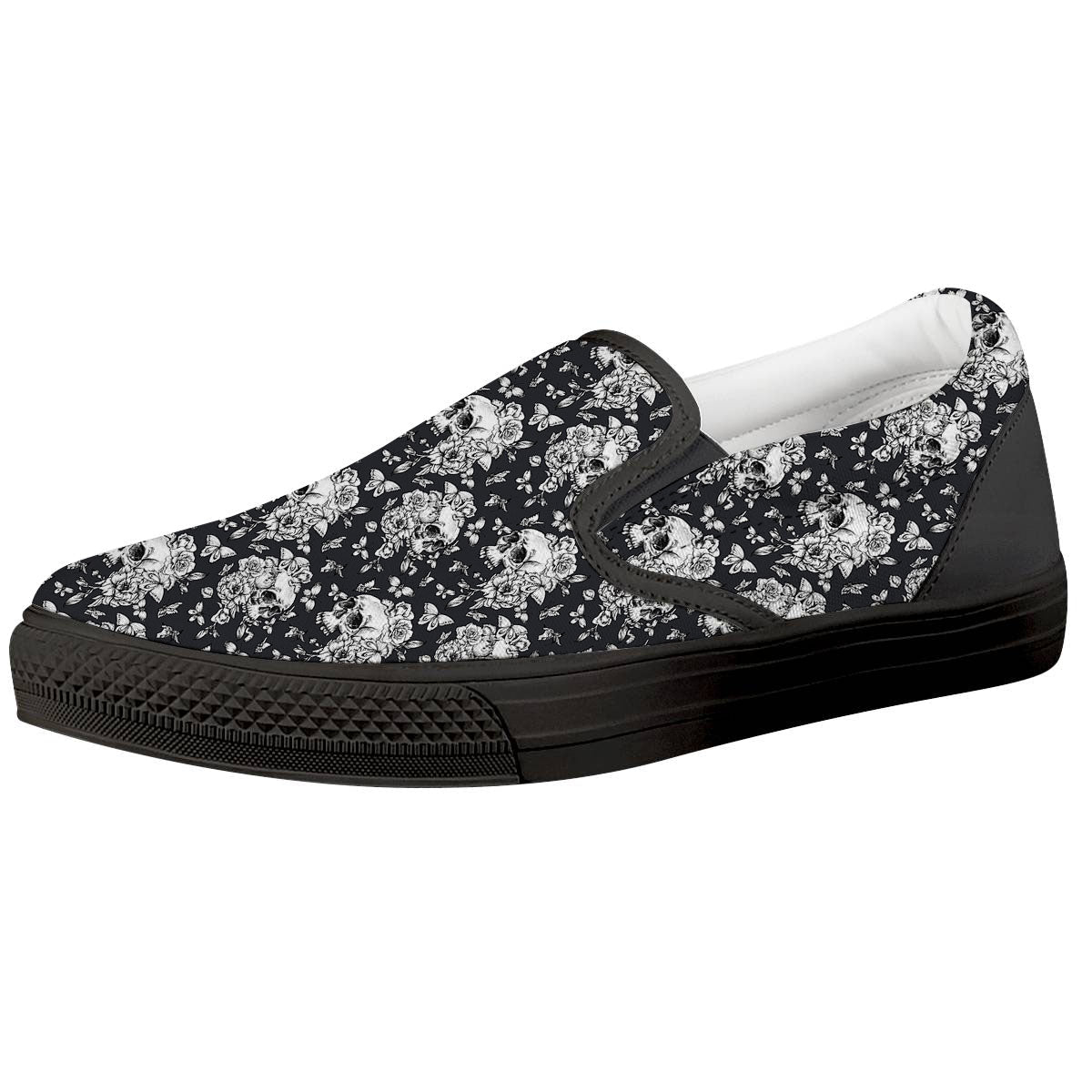 Flowers Skull Monochrome Print Pattern Black Slip On Shoes-grizzshop