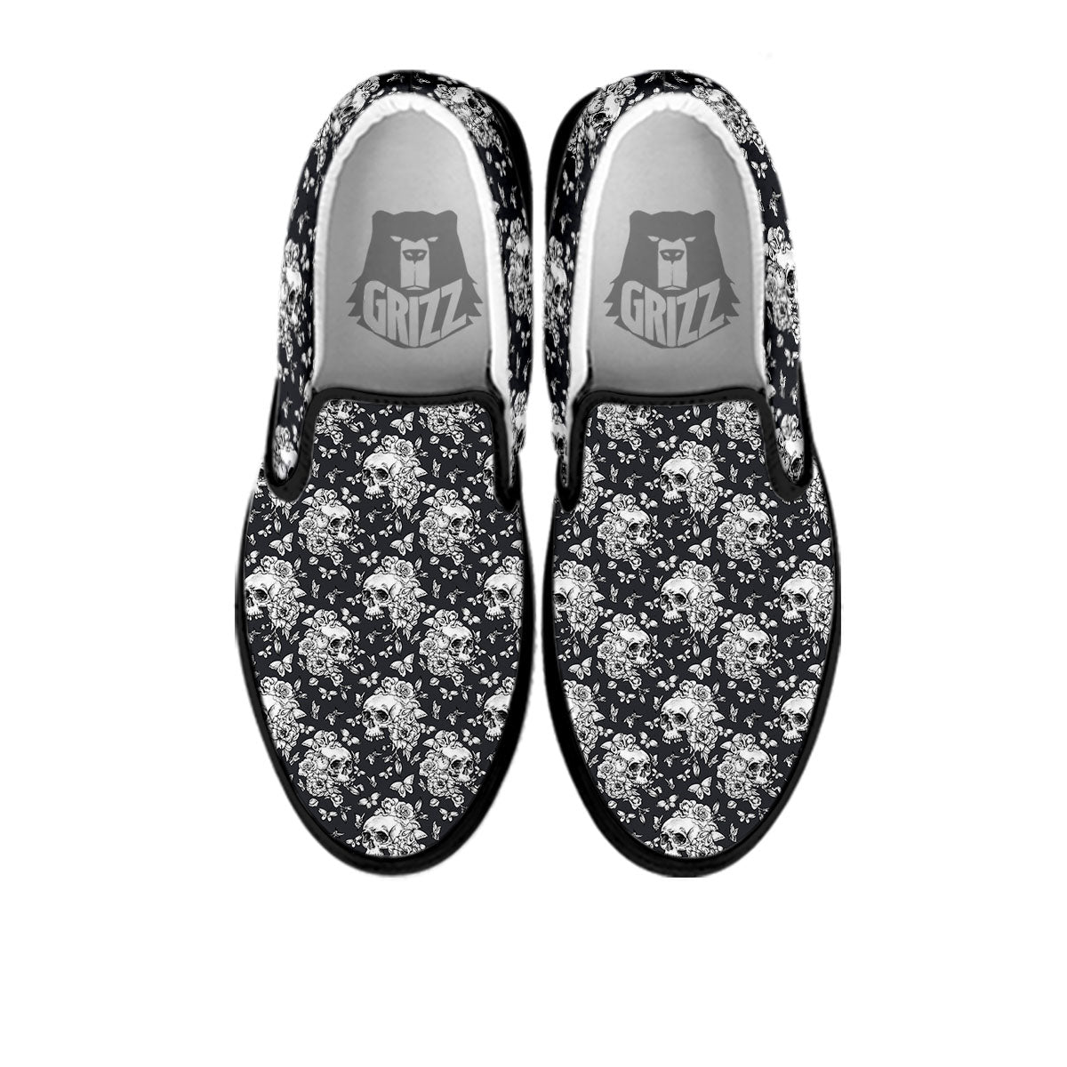 Flowers Skull Monochrome Print Pattern Black Slip On Shoes-grizzshop