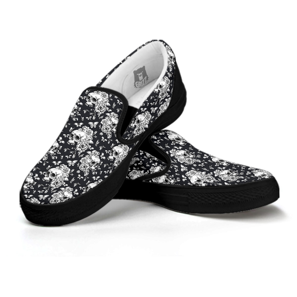 Flowers Skull Monochrome Print Pattern Black Slip On Shoes-grizzshop