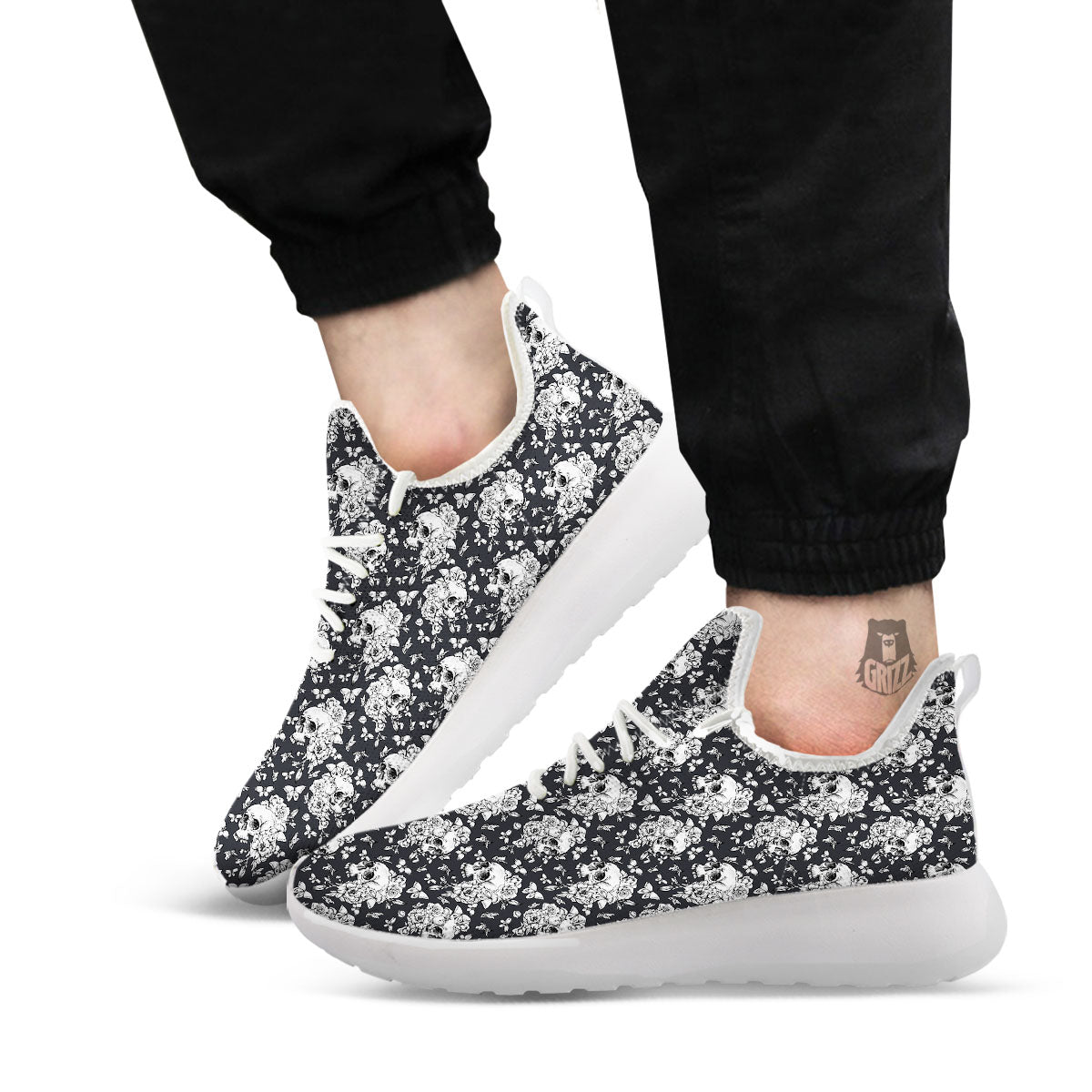 Flowers Skull Monochrome Print Pattern White Athletic Shoes-grizzshop