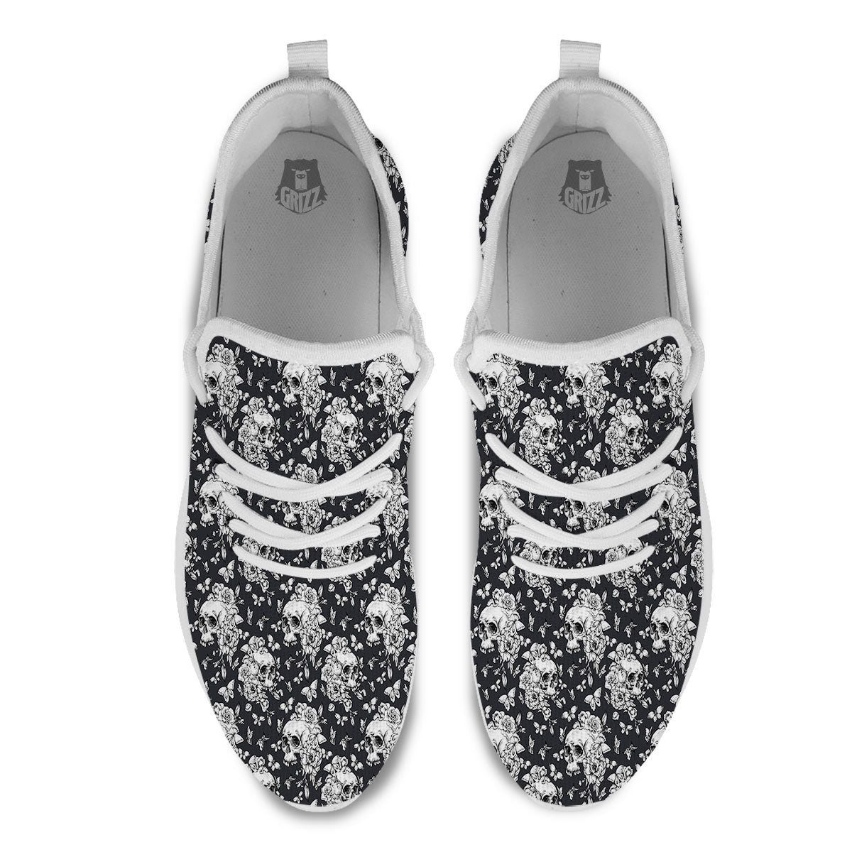 Flowers Skull Monochrome Print Pattern White Athletic Shoes-grizzshop