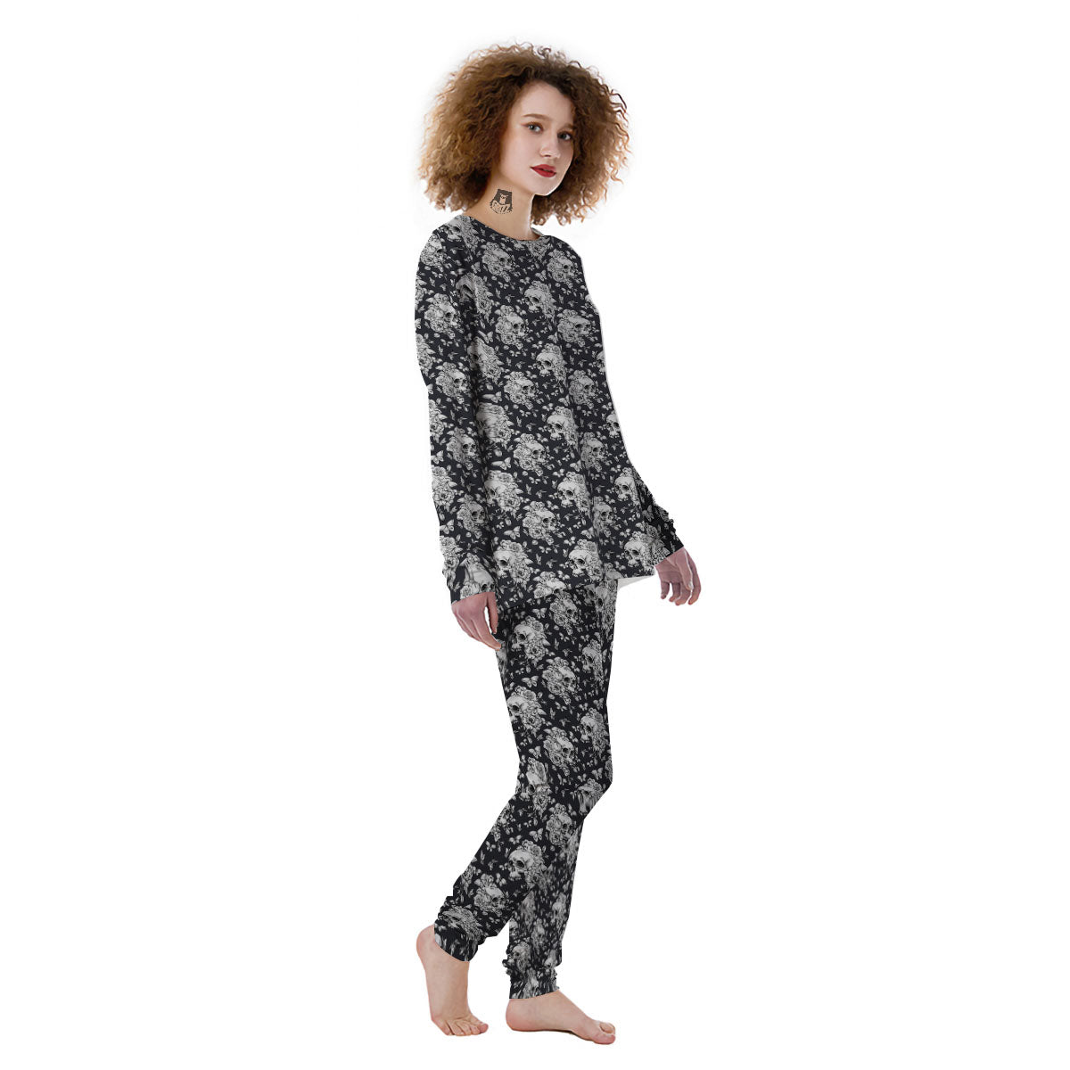 Flowers Skull Monochrome Print Pattern Women's Pajamas-grizzshop
