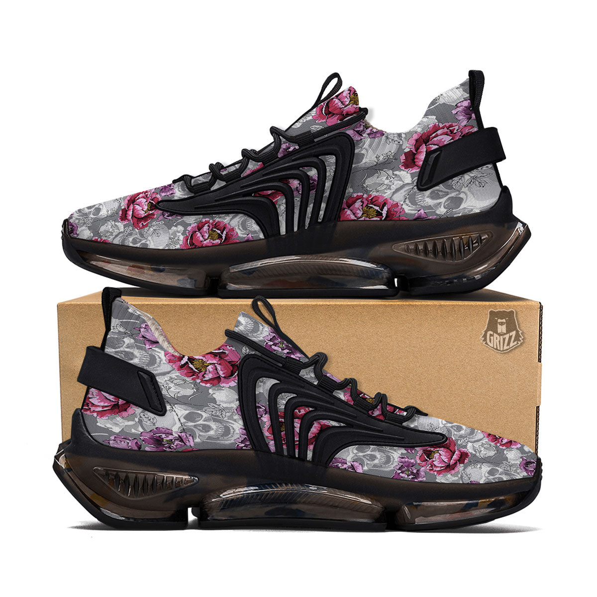 Flowers Skull Pink Print Pattern Black Gym Shoes-grizzshop