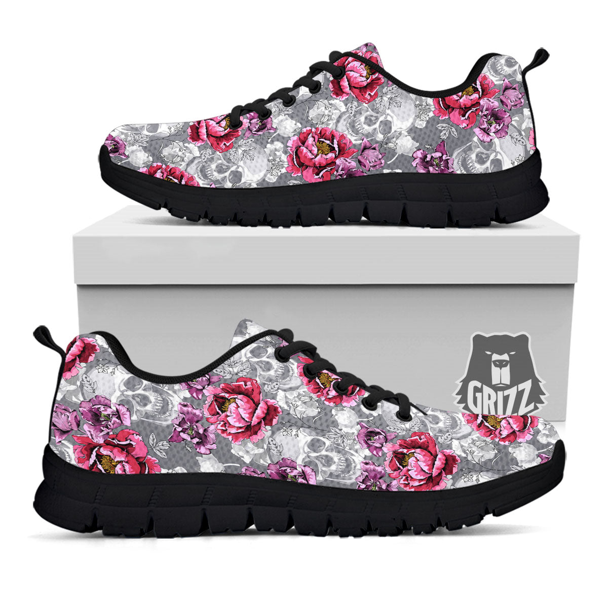 Flowers Skull Pink Print Pattern Black Sneaker-grizzshop