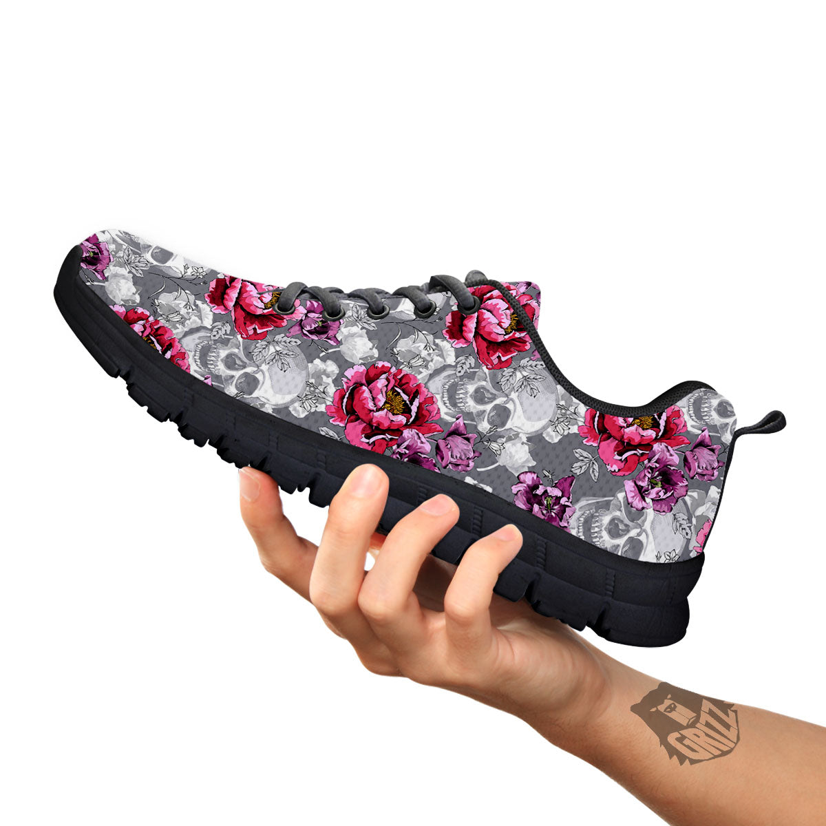 Flowers Skull Pink Print Pattern Black Sneaker-grizzshop