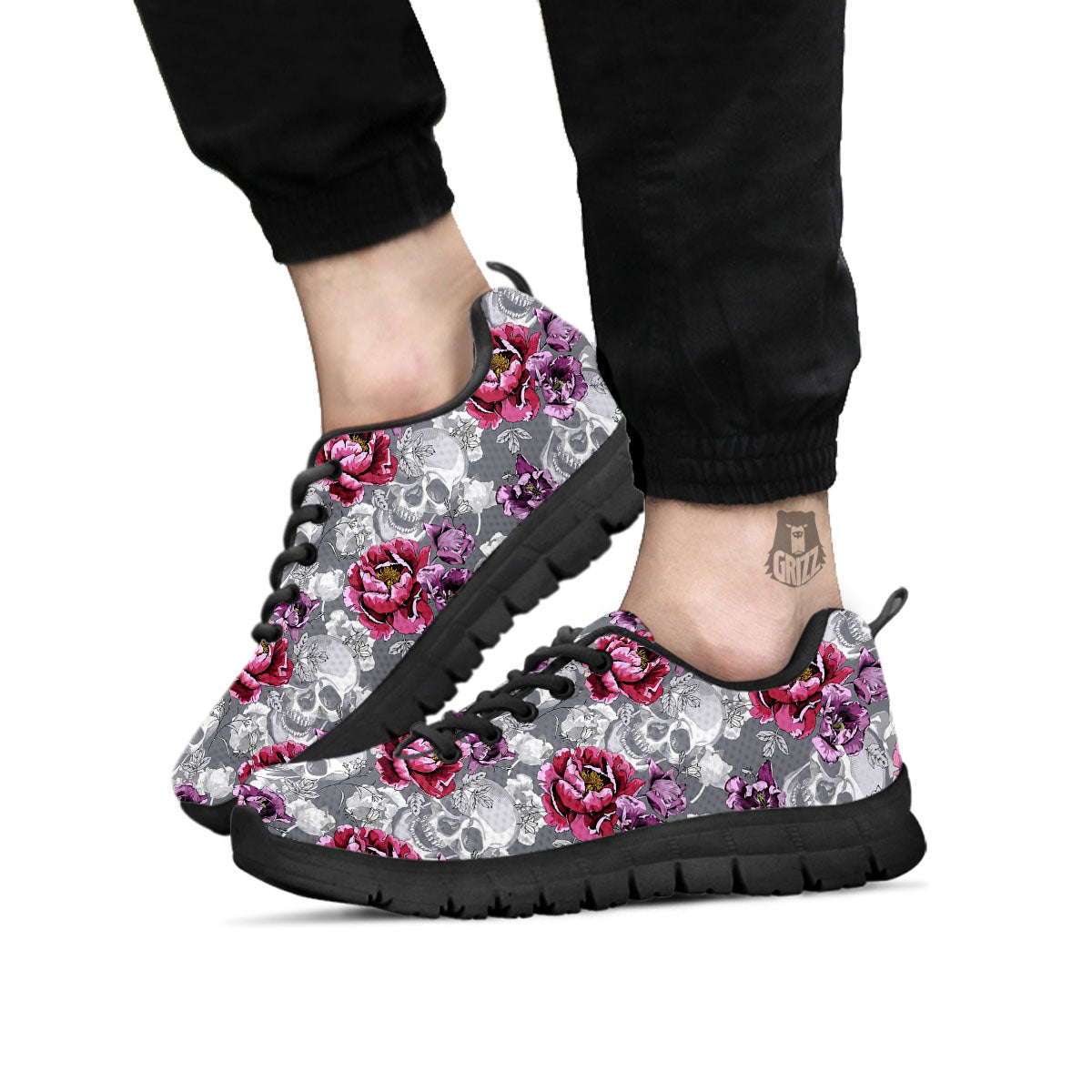 Flowers Skull Pink Print Pattern Black Sneaker-grizzshop