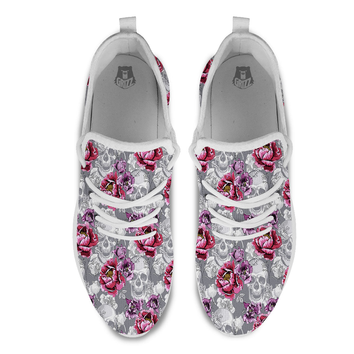 Flowers Skull Pink Print Pattern White Athletic Shoes-grizzshop