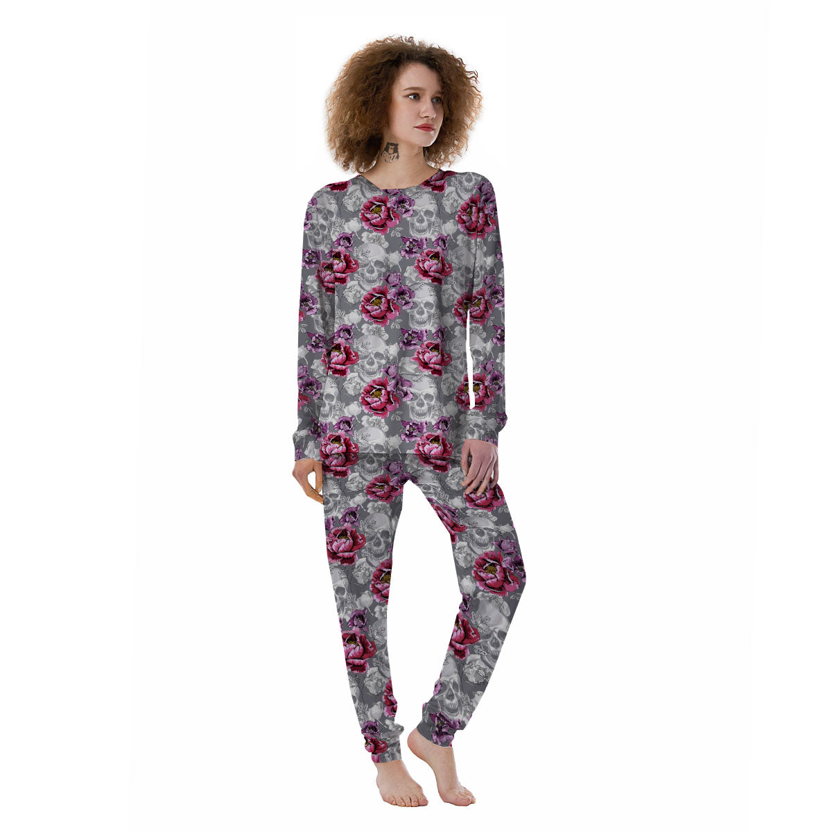 Flowers Skull Pink Print Pattern Women's Pajamas-grizzshop