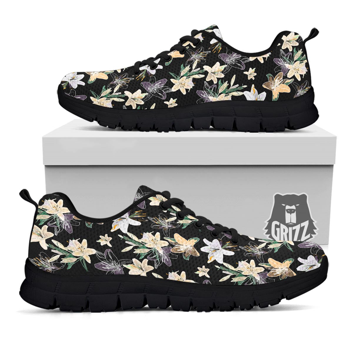 Flowers Spring Lily Print Pattern Black Sneaker-grizzshop