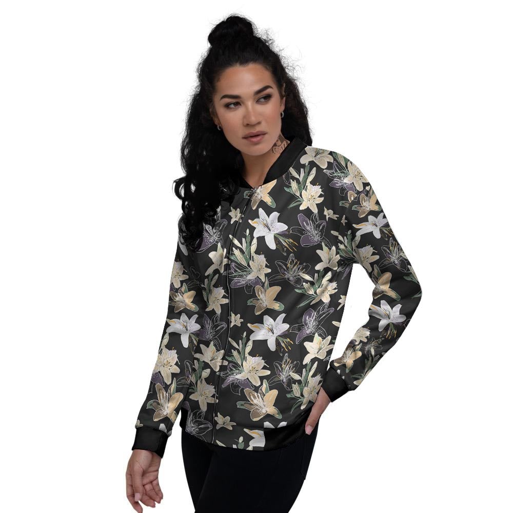 Flowers Spring Lily Print Pattern Women's Bomber Jacket-grizzshop