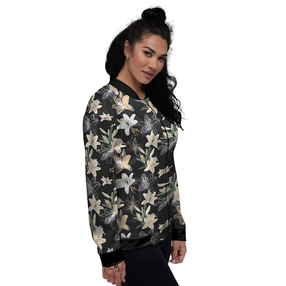 Flowers Spring Lily Print Pattern Women's Bomber Jacket-grizzshop