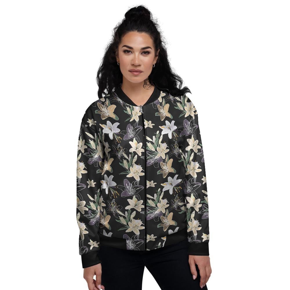 Flowers Spring Lily Print Pattern Women's Bomber Jacket-grizzshop