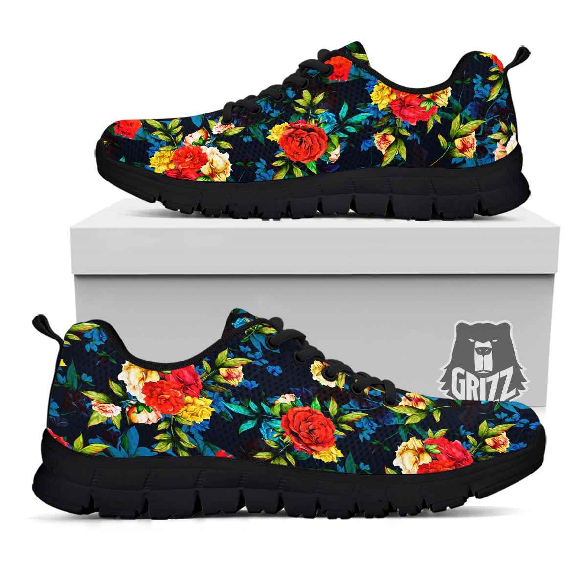 Flowers Yellow And Red Print Pattern Black Sneaker-grizzshop