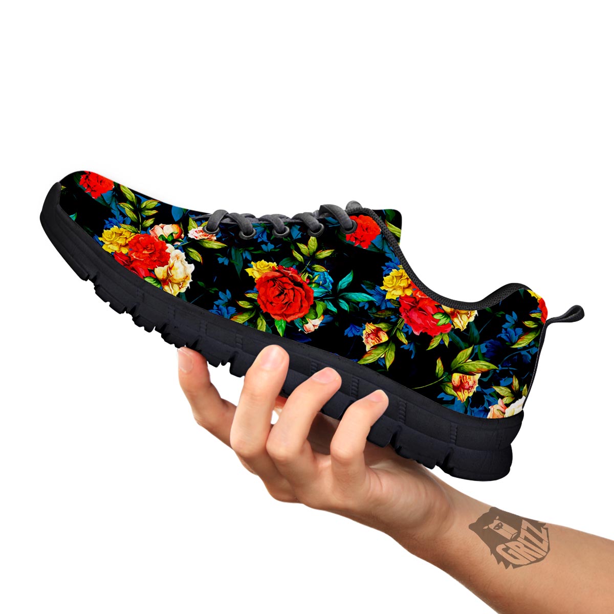 Flowers Yellow And Red Print Pattern Black Sneaker-grizzshop