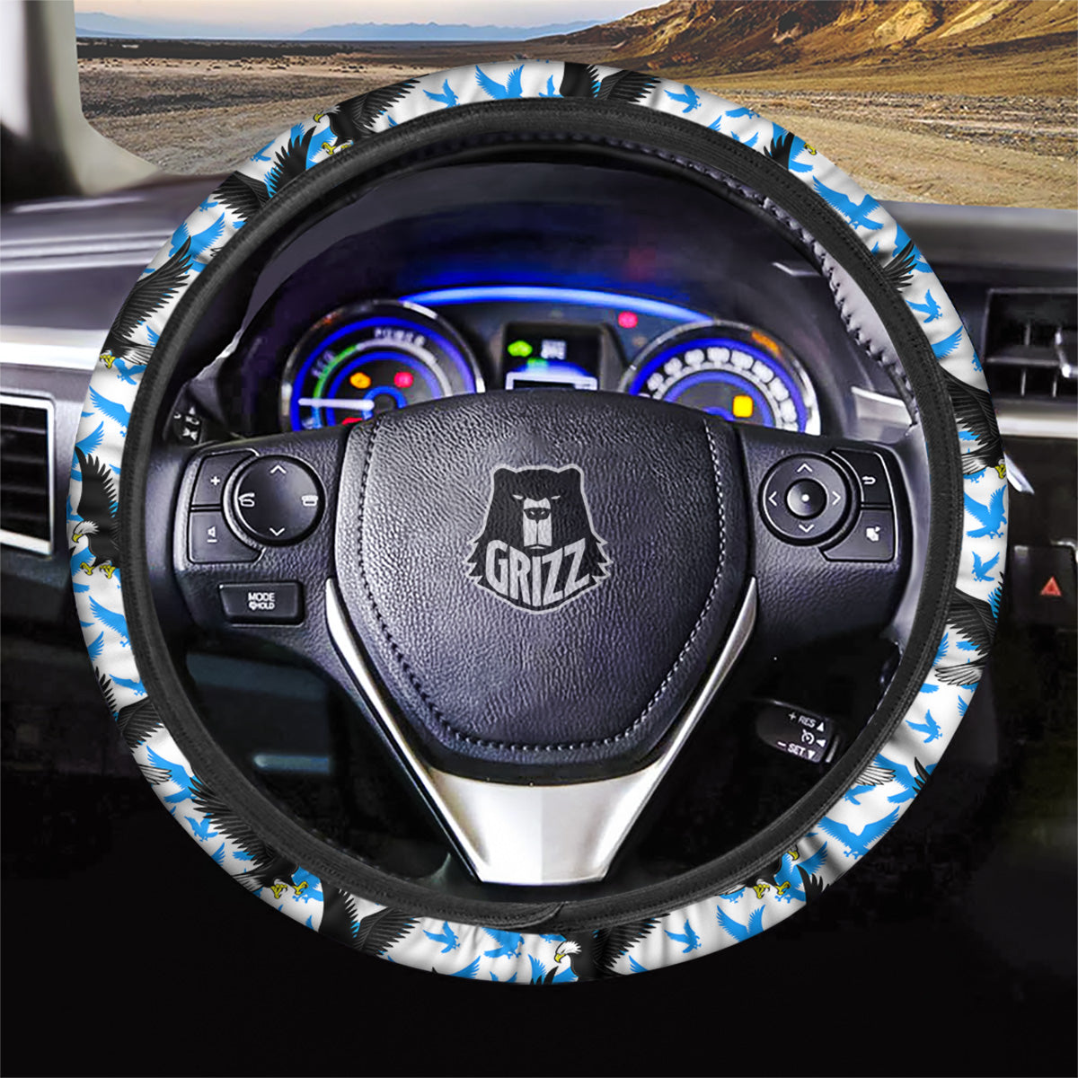 Flying Bald Eagles Blue White Print Pattern Car Steering Wheel Cover-grizzshop