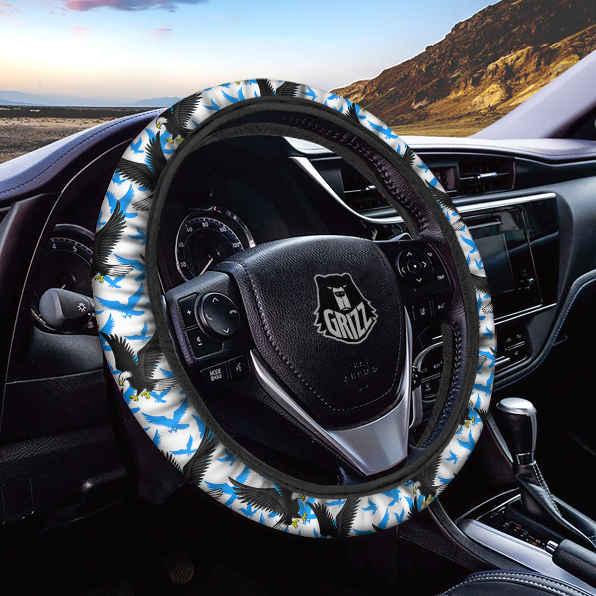 Flying Bald Eagles Blue White Print Pattern Car Steering Wheel Cover-grizzshop