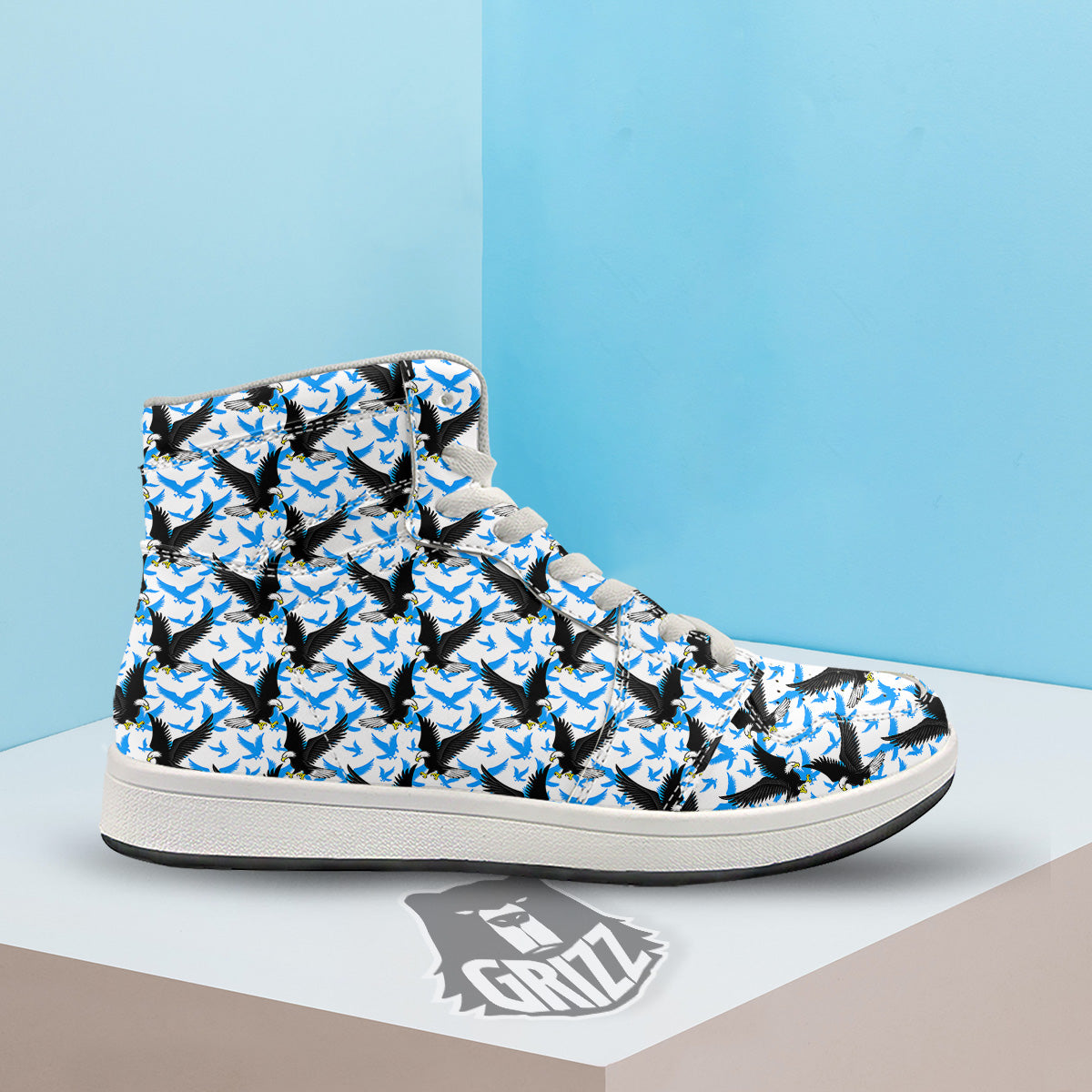 Flying Bald Eagles Blue White Print Pattern High Top Sneakers-grizzshop