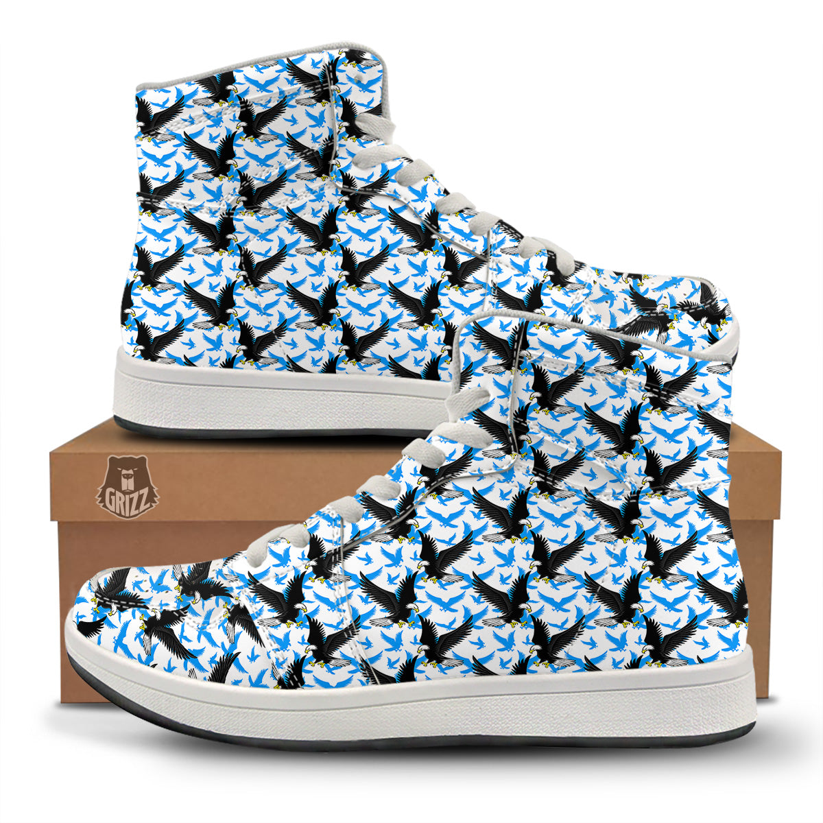 Flying Bald Eagles Blue White Print Pattern High Top Sneakers-grizzshop