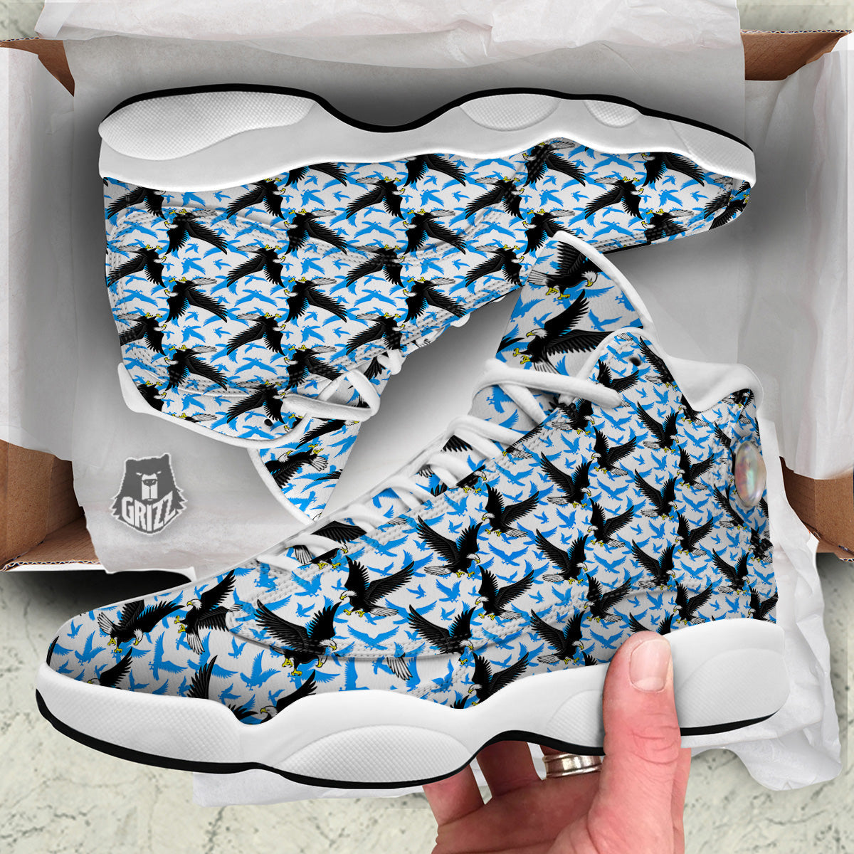 Flying Bald Eagles Blue White Print Pattern White Basketball Shoes-grizzshop
