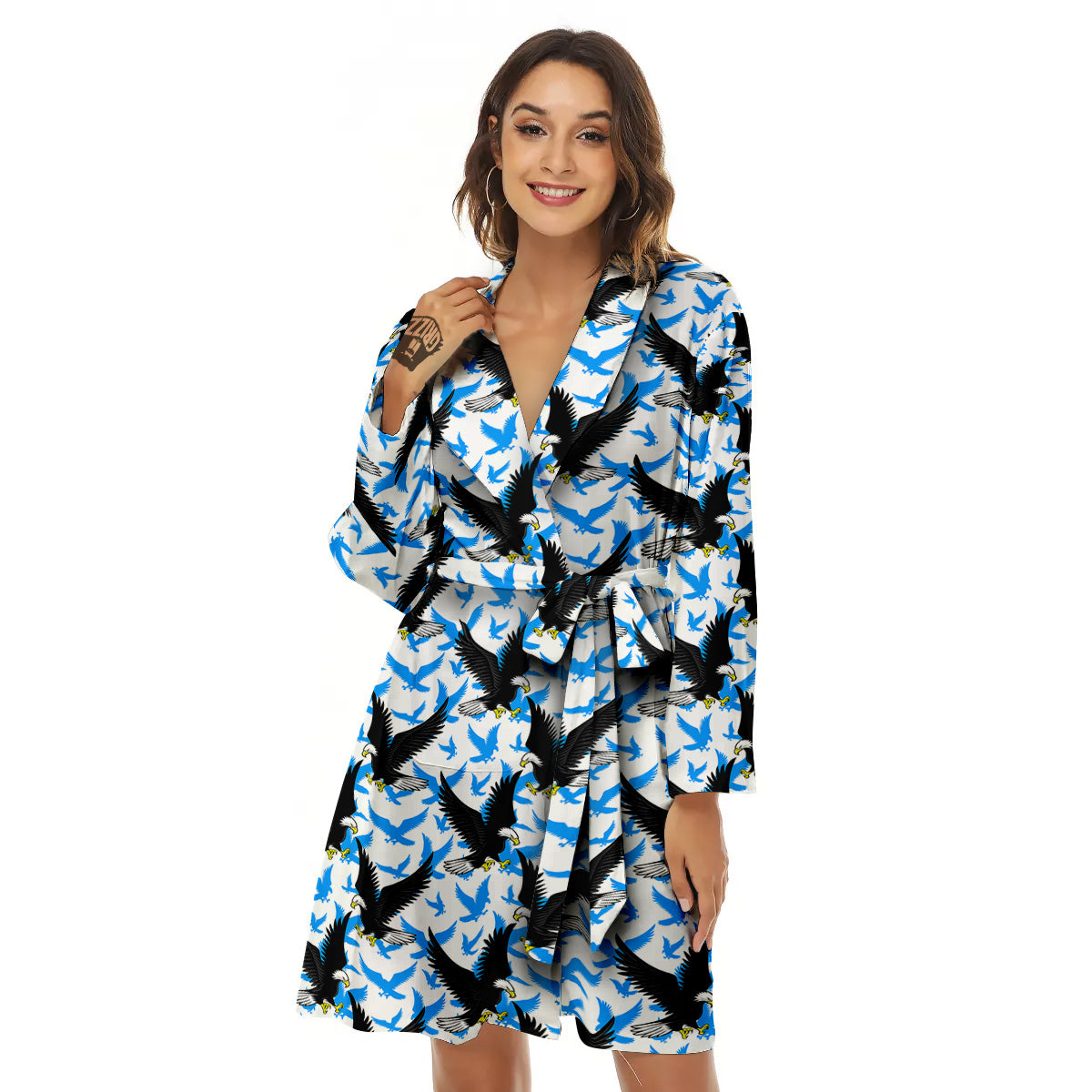 Flying Bald Eagles Blue White Print Pattern Women's Robe-grizzshop