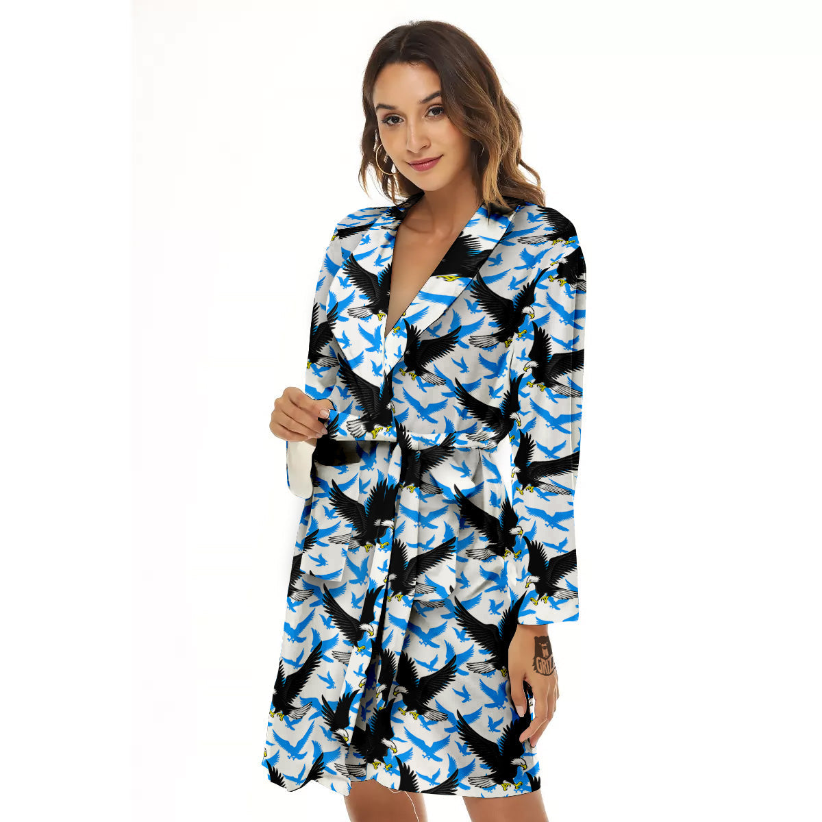 Flying Bald Eagles Blue White Print Pattern Women's Robe-grizzshop