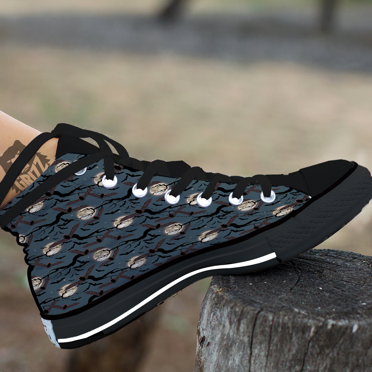 Flying Bat In The Moonlight Print Pattern Black High Top Shoes-grizzshop