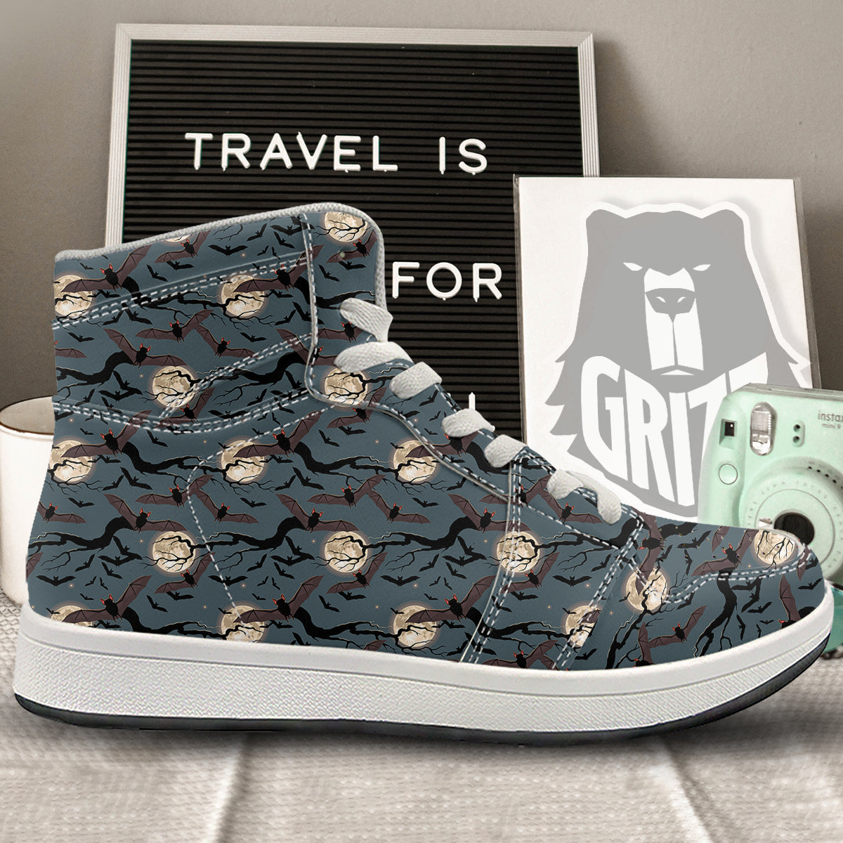 Flying Bat In The Moonlight Print Pattern High Top Sneakers-grizzshop