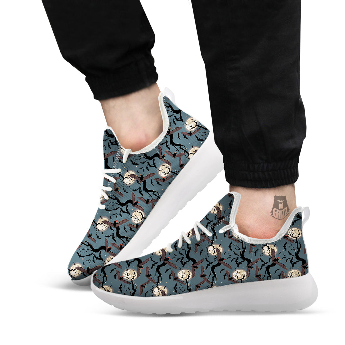 Flying Bat In The Moonlight Print Pattern White Athletic Shoes-grizzshop